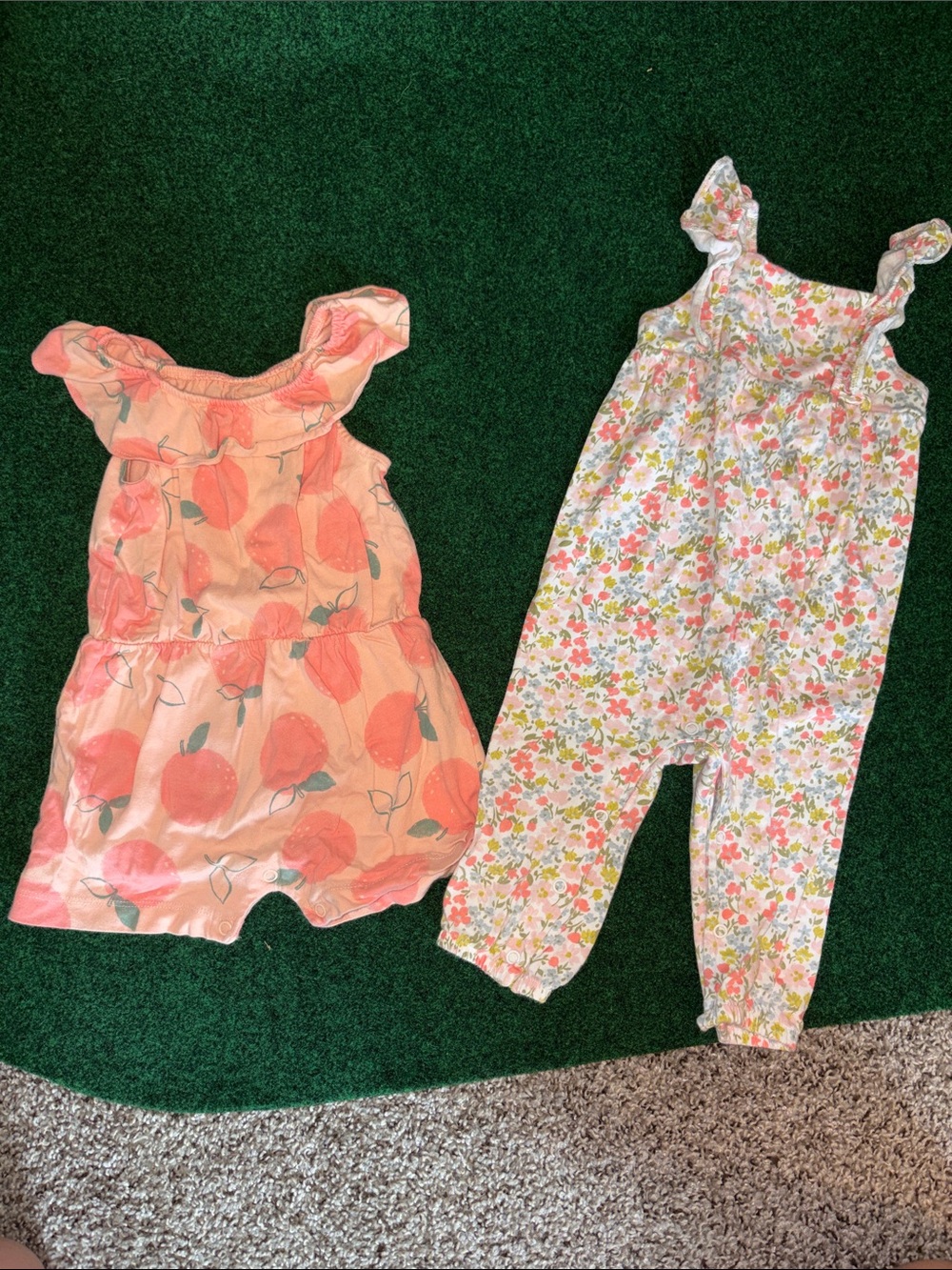 Carter's Peach Print Romper & Pink Floral Ruffle-Strap Jumpsuit